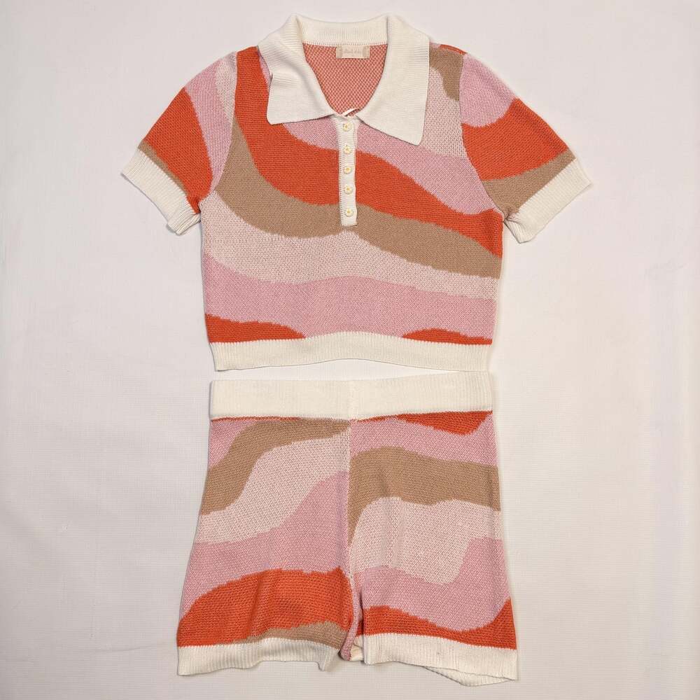 Altar'd State Sweater Shorts Set Womens Medium Multicolor Knit Collared Crop